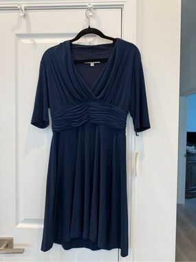 Evan Picone Navy Surplice V-Neck Ruched Empire Dress